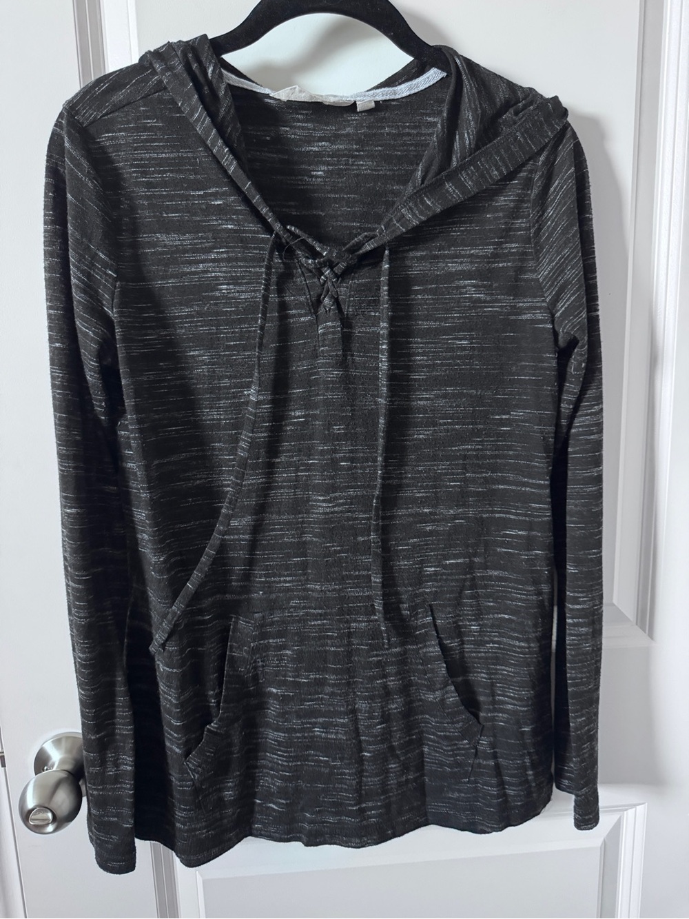 Black Heathered Hooded Top with Gray Drawstring-Small